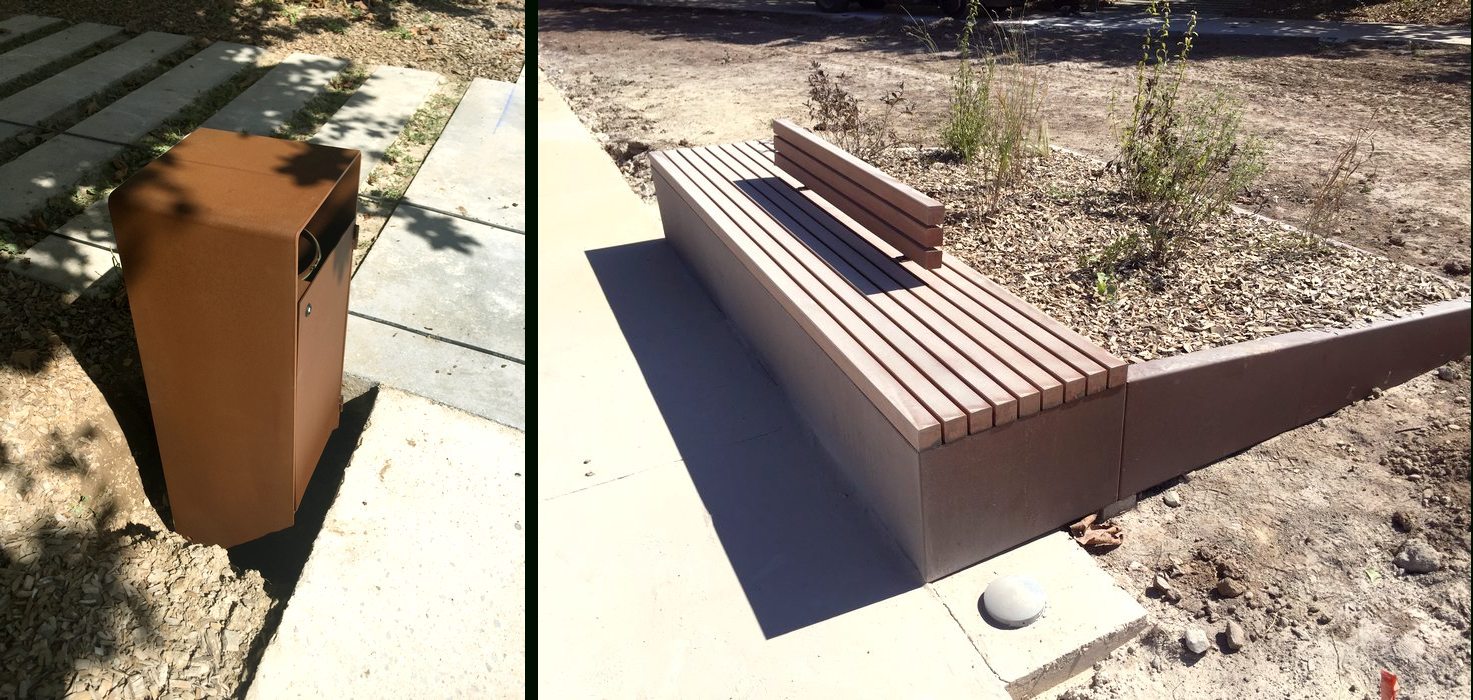 11 septembre 2018 : Pose du mobilier urbain : corbeille (à gauche) et banc jardinière (à droite)